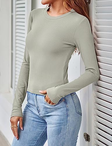 MEROKEETY Women Long Sleeve Slim Fit Crop Shirt Ribbed Knit Tops Casual Round Neck Y2K Tees Grey Small