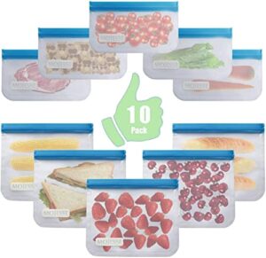 10 pieces in gallon freezer bags reusable bags silicone，transparent sandwich bags ziplock，vegetable and fruit freezer bag，extra thick durable food storage bags snack bags