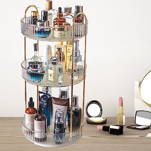 GYLBF 360°Rotating Makeup Organizer for Vanity 3 Tier, Bathroom Counter Organizer, Large Capacity Cosmetics Storage Vanity Shelf, Cosmetics Organizer for Perfume, Lotions Skin Care (White)