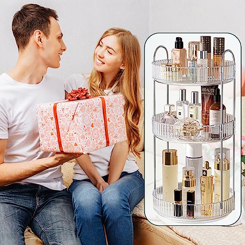 GYLBF 360°Rotating Makeup Organizer for Vanity 3 Tier, Bathroom Counter Organizer, Large Capacity Cosmetics Storage Vanity Shelf, Cosmetics Organizer for Perfume, Lotions Skin Care (White)