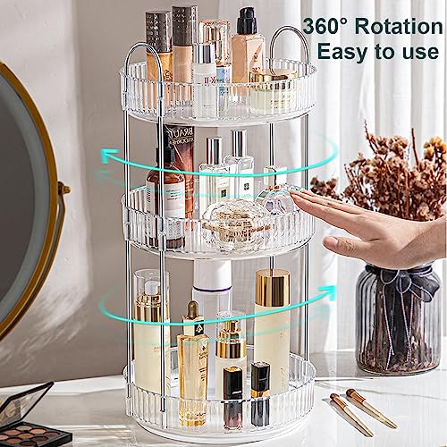 GYLBF 360°Rotating Makeup Organizer for Vanity 3 Tier, Bathroom Counter Organizer, Large Capacity Cosmetics Storage Vanity Shelf, Cosmetics Organizer for Perfume, Lotions Skin Care (White)