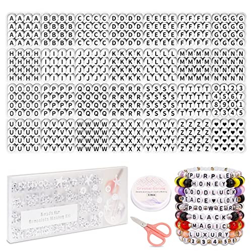 FZIIVQU 1450 Pieces Letter Beads Kit, 4x7 mm White Acrylic Alphabet Beads for Jewelry Making Number Beads Heart Beads Friendship Bracelet Beads Making