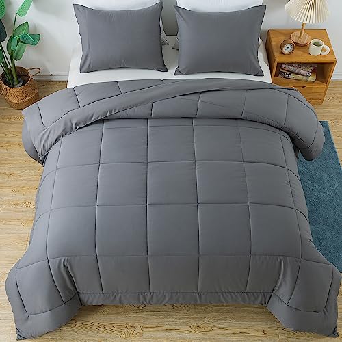 King Size Comforter Set Grey, All Seasons Bedding Comforters & Sets with 2 pillow Cases, 3 pieces Lightweight Summer Duvet Insert, Down Alternative Bed Comforter Set and Noiseless 102x90 inches