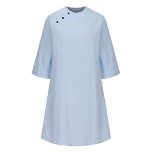 Women Half Sleeve Button Cotton Linen Dress Simple Solid Color Crewneck Loose Casual Fashion Beach Dresses