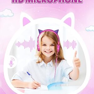 SIMJAR Cat Ear Kids Headphones with Microphone for School, Volume Limiter 85/94dB, Wired Girls Headphones with Foldable Design for Online Learning/Travel/Tablet/iPad (Purple)