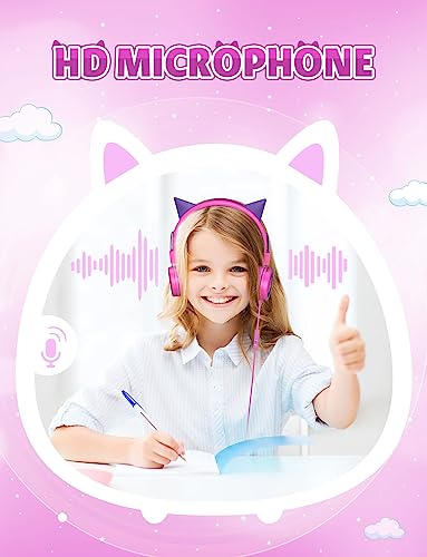 SIMJAR Cat Ear Kids Headphones with Microphone for School, Volume Limiter 85/94dB, Wired Girls Headphones with Foldable Design for Online Learning/Travel/Tablet/iPad (Purple)