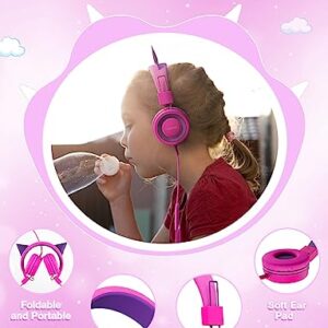 SIMJAR Cat Ear Kids Headphones with Microphone for School, Volume Limiter 85/94dB, Wired Girls Headphones with Foldable Design for Online Learning/Travel/Tablet/iPad (Purple)