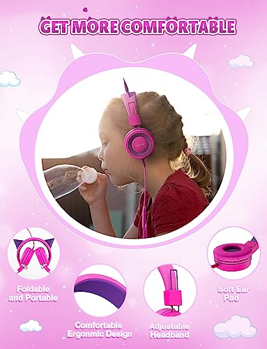 SIMJAR Cat Ear Kids Headphones with Microphone for School, Volume Limiter 85/94dB, Wired Girls Headphones with Foldable Design for Online Learning/Travel/Tablet/iPad (Purple)