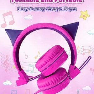 SIMJAR Cat Ear Kids Headphones with Microphone for School, Volume Limiter 85/94dB, Wired Girls Headphones with Foldable Design for Online Learning/Travel/Tablet/iPad (Purple)