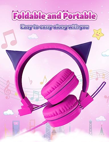 SIMJAR Cat Ear Kids Headphones with Microphone for School, Volume Limiter 85/94dB, Wired Girls Headphones with Foldable Design for Online Learning/Travel/Tablet/iPad (Purple)