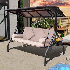 noblemood outdoor porch swing with polycarbonate hardtop, 3 seat patio swing with convertible backrest, 2 side cup holder, thickened cushion, 4 pillows for adult, garden, lawn