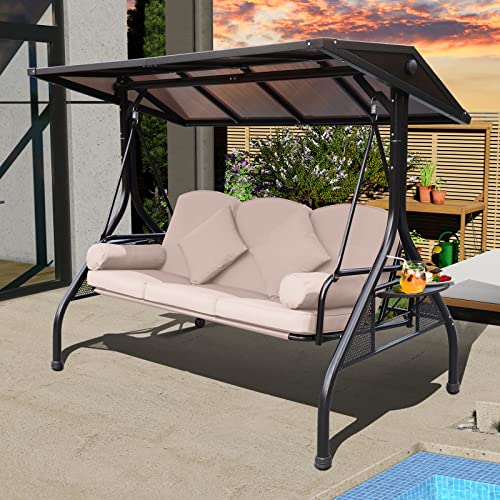 NOBLEMOOD Outdoor Porch Swing with Polycarbonate Hardtop, 3 Seat Patio Swing with Convertible Backrest, 2 Side Cup Holder, Thickened Cushion, 4 Pillows for Adult, Garden, Lawn