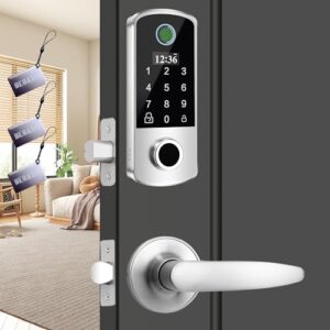 bebasia fingerprint door lock with 2 level handles, smart door lock, keyless entry door lock, door locks with keypads, 300+ users, anti-peeping password, auto lock & one touch unlock (satin nickel)