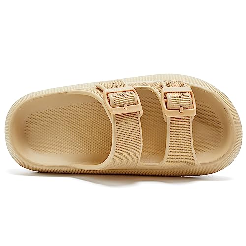 welltree Slides for Women Men Pillow Slippers Double Buckle Adjustable Sandals EVA Recovery Slides,Khaki,10 Women/8 Men