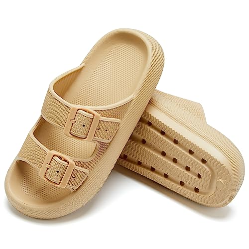 welltree Slides for Women Men Pillow Slippers Double Buckle Adjustable Sandals EVA Recovery Slides,Khaki,10 Women/8 Men