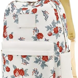 School Backpack for Teen Girls Bookbags Elementary High School Floral Laptop Bags Women Travel Daypacks (Rose Beige)