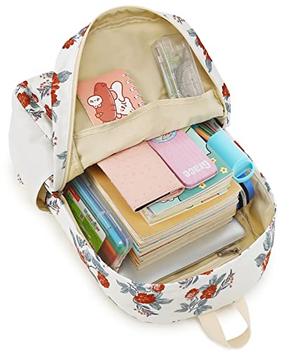 School Backpack for Teen Girls Bookbags Elementary High School Floral Laptop Bags Women Travel Daypacks (Rose Beige)