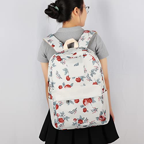 School Backpack for Teen Girls Bookbags Elementary High School Floral Laptop Bags Women Travel Daypacks (Rose Beige)