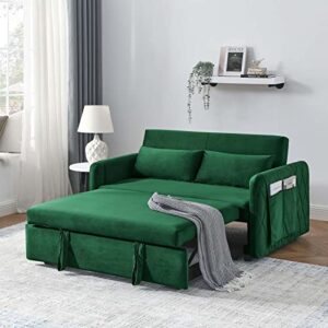 antetek sleeper sofa couch with pullout bed, 3 in 1 convertible loveseat futon sofa couch, small love seat lounge chaise arm sofa with reclining backrest, toss pillow for living room, green, 55"