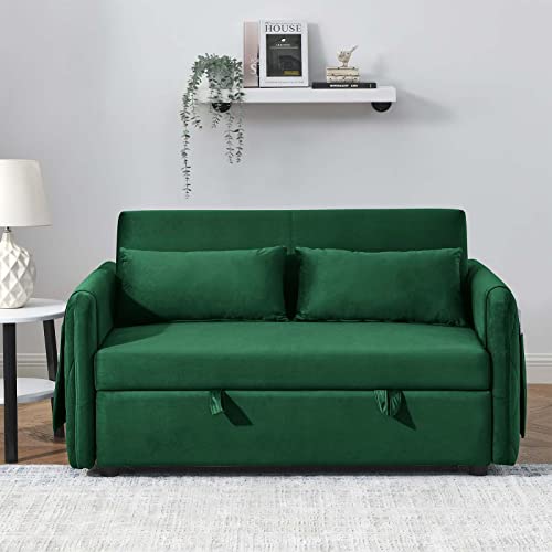 Antetek Sleeper Sofa Couch with Pullout Bed, 3 in 1 Convertible Loveseat Futon Sofa Couch, Small Love seat Lounge Chaise Arm Sofa with Reclining Backrest, Toss Pillow for Living Room, Green, 55"