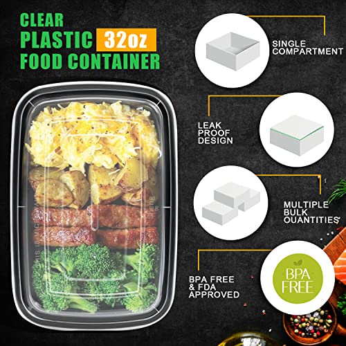 WUHUIXOZ Meal Prep Container, 50 Pack 32 oz Food Storage Containers with Lids, Disposable Bento Box Reusable Plastic Lunch Box, BPA Free Take-Out Box Microwave Dishwasher Freezer Safe