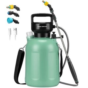 garden sprayer 1.35gallon/5l battery powered sprayer with usb rechargeable handle, weed sprayer with 3 mist nozzles, portable electric sprayer with shoulder strap for cleaning, lawn, green