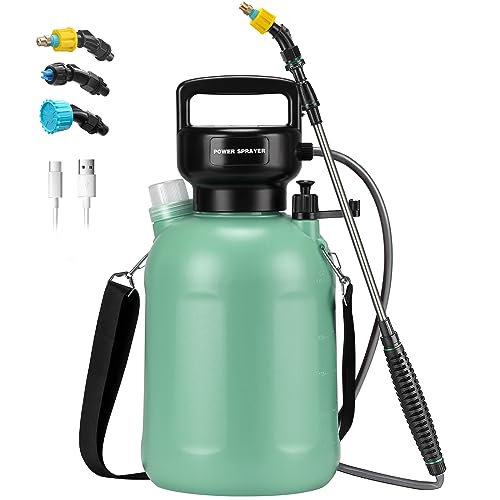 Garden Sprayer 1.35Gallon/5L Battery Powered Sprayer with USB Rechargeable Handle, Weed Sprayer with 3 Mist Nozzles, Portable Electric Sprayer with Shoulder Strap for Cleaning, Lawn, Green