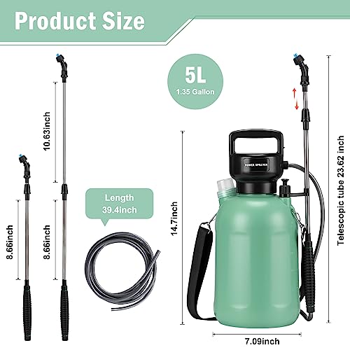 Garden Sprayer 1.35Gallon/5L Battery Powered Sprayer with USB Rechargeable Handle, Weed Sprayer with 3 Mist Nozzles, Portable Electric Sprayer with Shoulder Strap for Cleaning, Lawn, Green