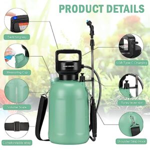 Garden Sprayer 1.35Gallon/5L Battery Powered Sprayer with USB Rechargeable Handle, Weed Sprayer with 3 Mist Nozzles, Portable Electric Sprayer with Shoulder Strap for Cleaning, Lawn, Green