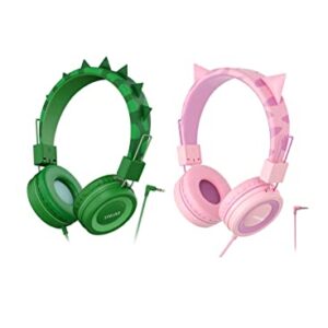 SIMJAR Dinosaur & Cat Ear Kids Headphones with Microphone for School, Volume Limiter 85/94dB, Wired Girls Headphones with Foldable Design for Online Learning/Travel/Tablet/iPad