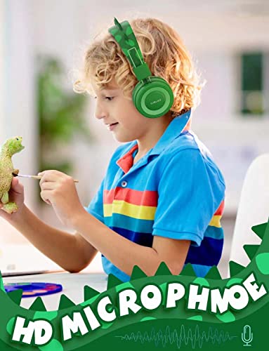 SIMJAR Dinosaur & Cat Ear Kids Headphones with Microphone for School, Volume Limiter 85/94dB, Wired Girls Headphones with Foldable Design for Online Learning/Travel/Tablet/iPad