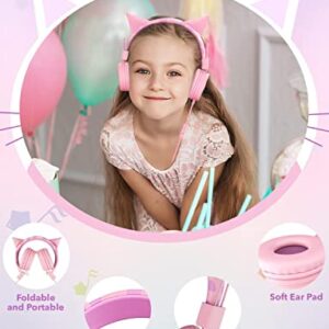 SIMJAR Dinosaur & Cat Ear Kids Headphones with Microphone for School, Volume Limiter 85/94dB, Wired Girls Headphones with Foldable Design for Online Learning/Travel/Tablet/iPad