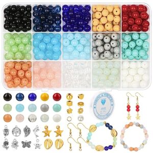 8mm glass beads for jewelry making, 15 colors crystal round gemstone stone beads, 375 pcs diy craft bead bracelet making kit with 12 styles accessories spacer beads for earrings necklaces rings