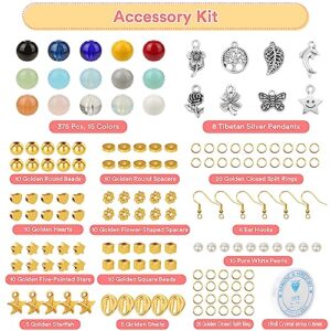 8mm Glass Beads for Jewelry Making, 15 Colors Crystal Round Gemstone Stone Beads, 375 Pcs DIY Craft Bead Bracelet Making Kit with 12 Styles Accessories Spacer Beads for Earrings Necklaces Rings