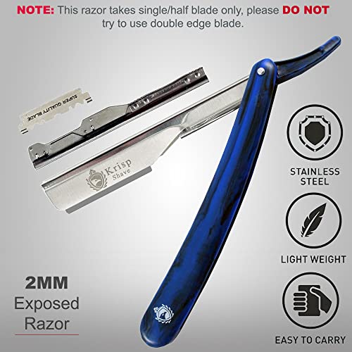 Krisp Beauty Professional Classic Straight Edge Barber Razor 2mm Exposed Blade For Close Shaving - Salon Quality Manual Men's Beard Cut Throat Shavette With 10 Shaving Blades