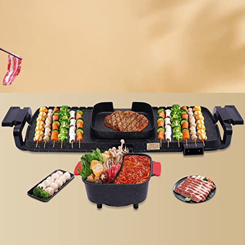 Electric Hot Pot with Grill Shabu-shabu Hotpot Korean BBQ Grill 5-Fires Adjustable Seperate Dual Temperature Control Non-Stick Hotpot & BBQ Grill Smokeless for 2-10 People