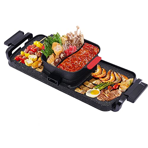 Electric Hot Pot with Grill Shabu-shabu Hotpot Korean BBQ Grill 5-Fires Adjustable Seperate Dual Temperature Control Non-Stick Hotpot & BBQ Grill Smokeless for 2-10 People