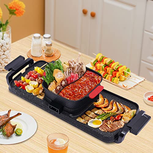 Electric Hot Pot with Grill Shabu-shabu Hotpot Korean BBQ Grill 5-Fires Adjustable Seperate Dual Temperature Control Non-Stick Hotpot & BBQ Grill Smokeless for 2-10 People