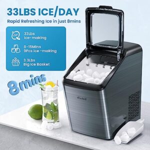 Countertop Ice Makers Countertop Ice Machine Elechelf,33LBS/24HRS,Bullet Ice Maker Machine,9 Pcs Cube Ready in 8-15mins with Scoop and Basket,Perfect for Home/Kitchen/Party/Office（Black）