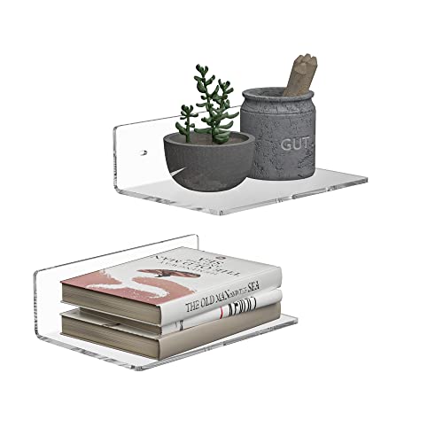 Sezanrpt 9 Inch Clear Wall Shelf, Acrylic Small Floating Shelf for Wall, Home Wall Display Ledges for Storage, Room Décor, Space Saving, Items Organizer, 2 Pack