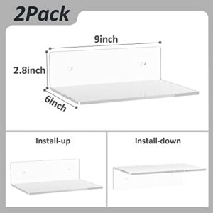 Sezanrpt 9 Inch Clear Wall Shelf, Acrylic Small Floating Shelf for Wall, Home Wall Display Ledges for Storage, Room Décor, Space Saving, Items Organizer, 2 Pack