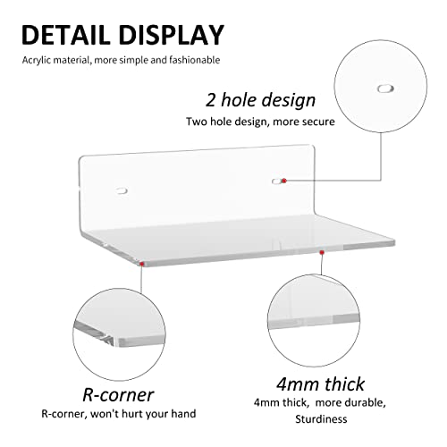 Sezanrpt 9 Inch Clear Wall Shelf, Acrylic Small Floating Shelf for Wall, Home Wall Display Ledges for Storage, Room Décor, Space Saving, Items Organizer, 2 Pack