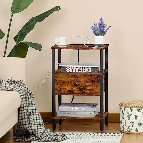 Lerliuo Nightstand with Charging Station and USB Ports, 3-Tier Storage End Table with Drawer Shelf, Night Stand for Small Spaces, Wood Bedside Table for Living Room, Bedroom - Retro Brown