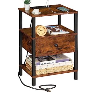 lerliuo nightstand with charging station and usb ports, 3-tier storage end table with drawer shelf, night stand for small spaces, wood bedside table for living room, bedroom - retro brown
