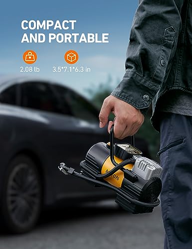 AstroAI Tire Inflator Portable Air Compressor (Up to 150 PSI) Tire Pump for Car 12V DC Digital Air Pump with 12 LEDs Super Bright Light for Bicycle, Motorcycle, Automotive Car Accessories