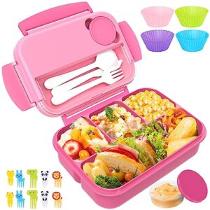 Bento Box, Lunch Box Kids, Bento Lunch Box for Kids/Toddler/Adults, 1300ML-4 Compartment Bento Box Adult Lunch Box w/Food Picks Cake Cups, Built-in Utensil Set, Leak-Proof, Food-Safe Materials(Pink)