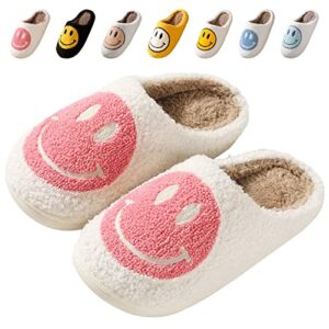 smiley face slippers for women, cozy smiley slippers fluffy retro preppy slippers comfy happy face slippers soft slippers for women