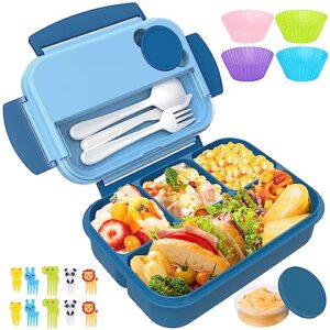 bento box, lunch box kids, bento lunch box for kids/toddler/adults, 1300ml-4 compartment bento box adult lunch box w/food picks cake cups, built-in utensil set, leak-proof, food-safe materials(blue)