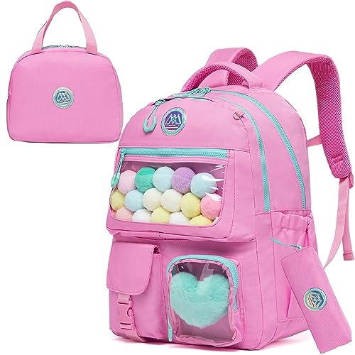 ZBAOGTW Cute Backpack for Girls Aesthetic Backpack Clear, Backpack with Lunch Box Casual Bag Pink Backpack for Elementary School Teens Back to School Supplies