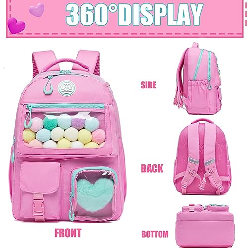 ZBAOGTW Cute Backpack for Girls Aesthetic Backpack Clear, Backpack with Lunch Box Casual Bag Pink Backpack for Elementary School Teens Back to School Supplies